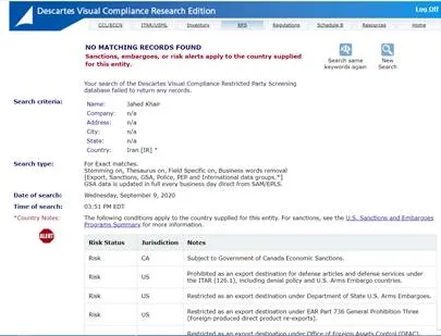 Visual Compliance screen shot of Country Alert of Comprehensively Sanctioned Countries