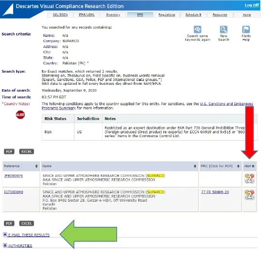 Visual Compliance screen shot of matching records and email these results link