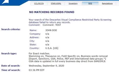 Visual Compliance screen shot of No Matching Records Found