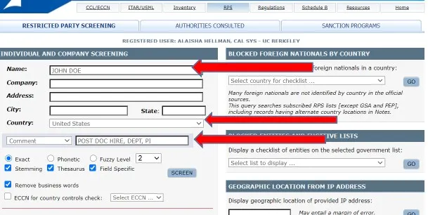 Visual Compliance screen shot of RPS search fields